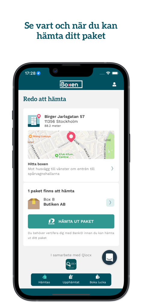 iBoxen - iBoxen app screen showing a package ready for collection at a Stockholm address with a map and a BankID verification button.