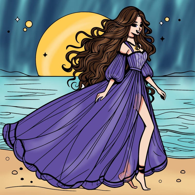 beautiful woman with a vaporous long dress walking on the beach at the noon, detailed art