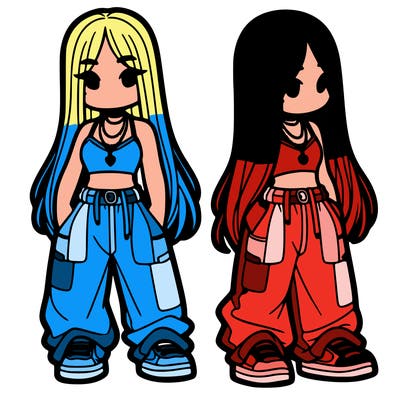 girl in baggy pants crop top and long hair