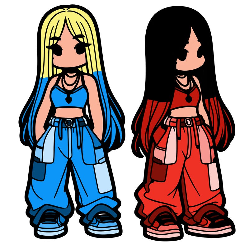 girl in baggy pants crop top and long hair