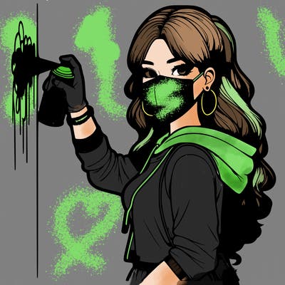 realistic girl with mask spray painting a wall