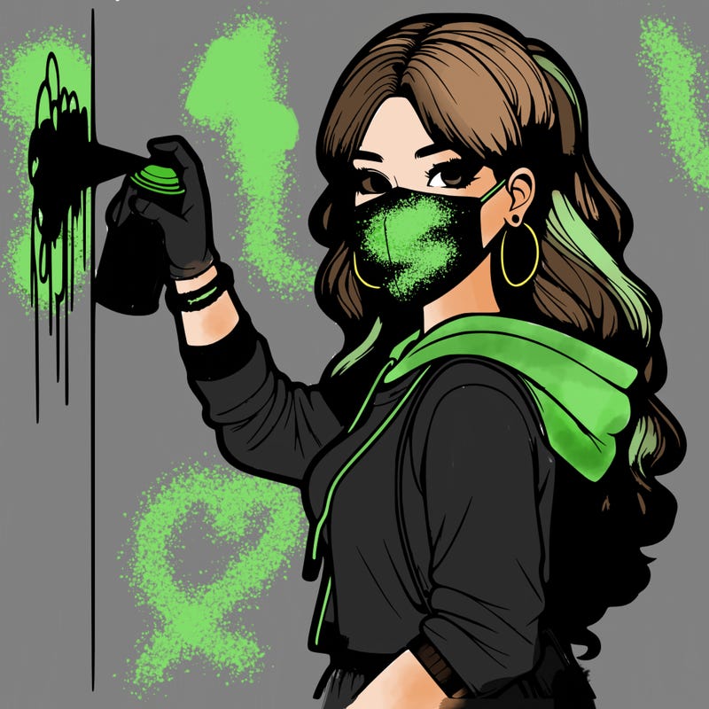 realistic girl with mask spray painting a wall