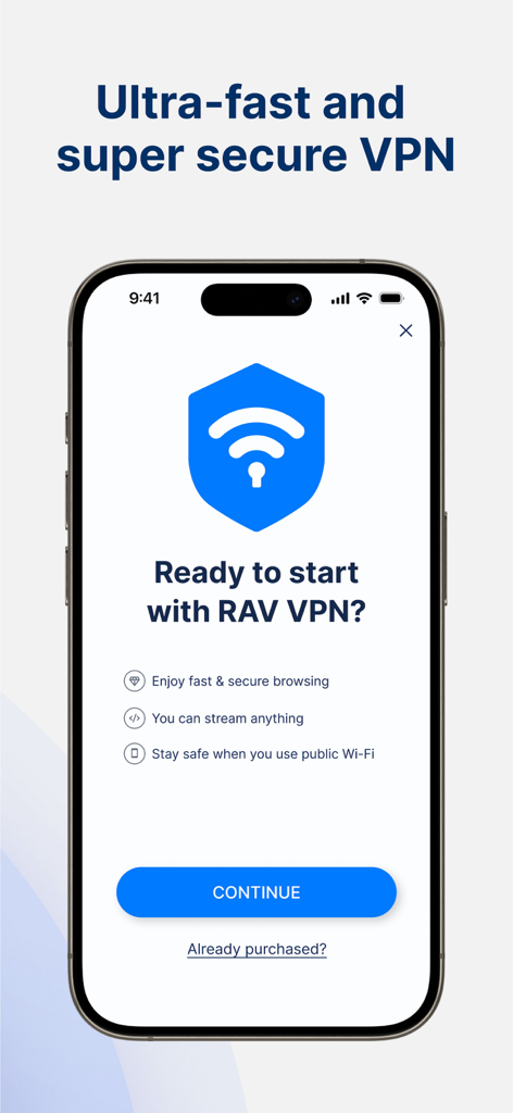 Tela de integração para RAV VPN no iPhone, exibindo recursos como navegação e streaming seguros.