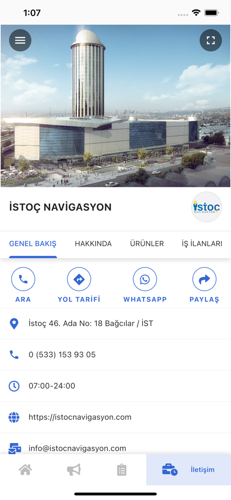 ISTOC Navi app screen showing business contact info and navigation