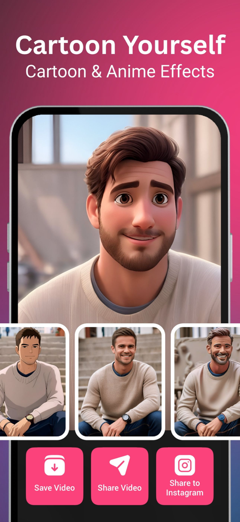 A smartphone displaying cartoon and anime effects on the Facezy AI Photo Animator app