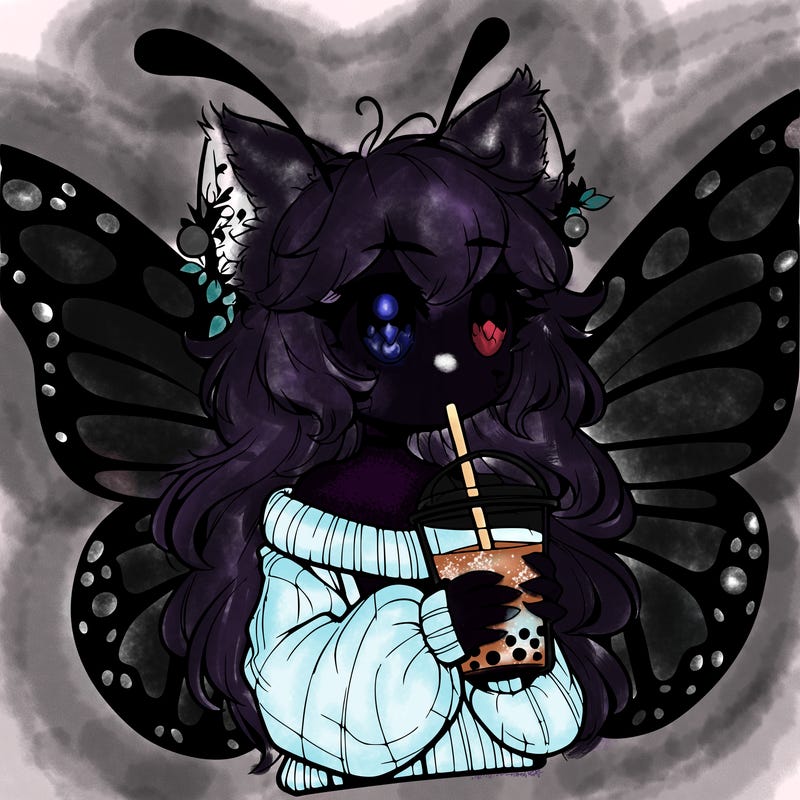 a realistic butterfly/furry girl drinking boba