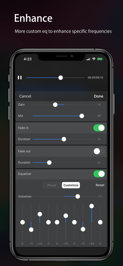 Audio Editor - Music editor - Custom equalizer and audio enhancement settings in the Audio Editor mobile app.