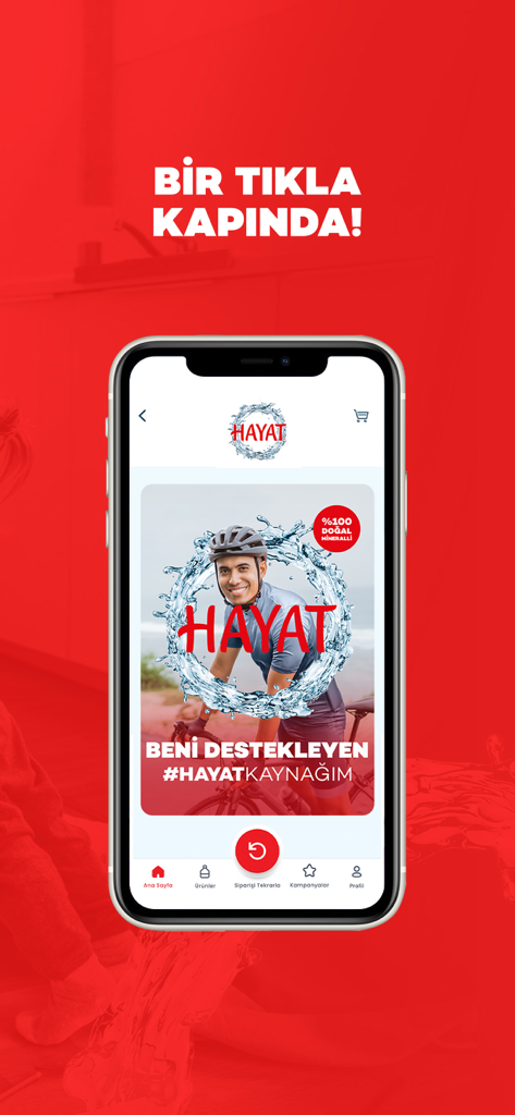 Hayat Su Siparis mobile app home screen with one-click ordering and hydration theme