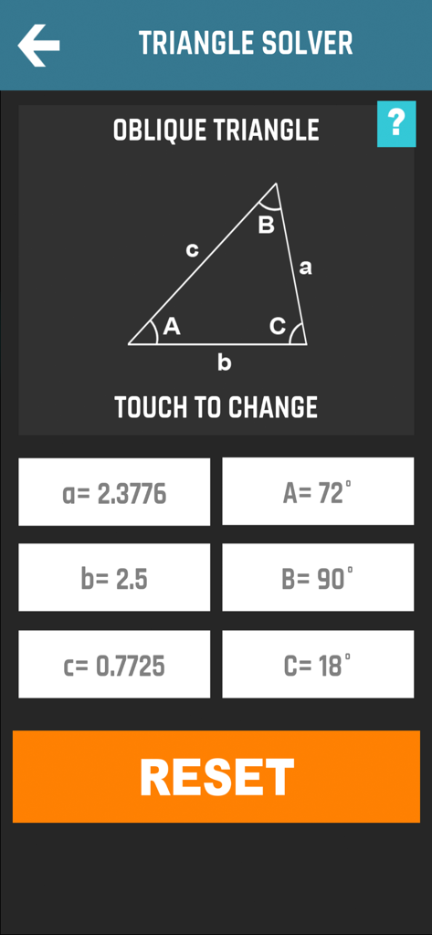 CNC Machinist Calculator Pro - Triangle solver interface in CNC Machinist Calculator Pro app showing oblique triangle side and angle calculations
