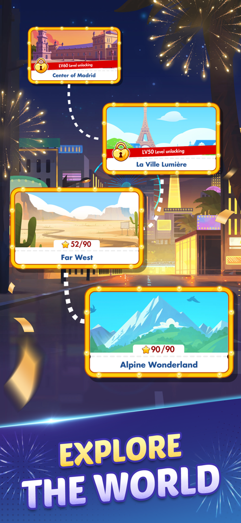 Phase 10 game screen showing the Explore the World journey mode with various international locations to unlock