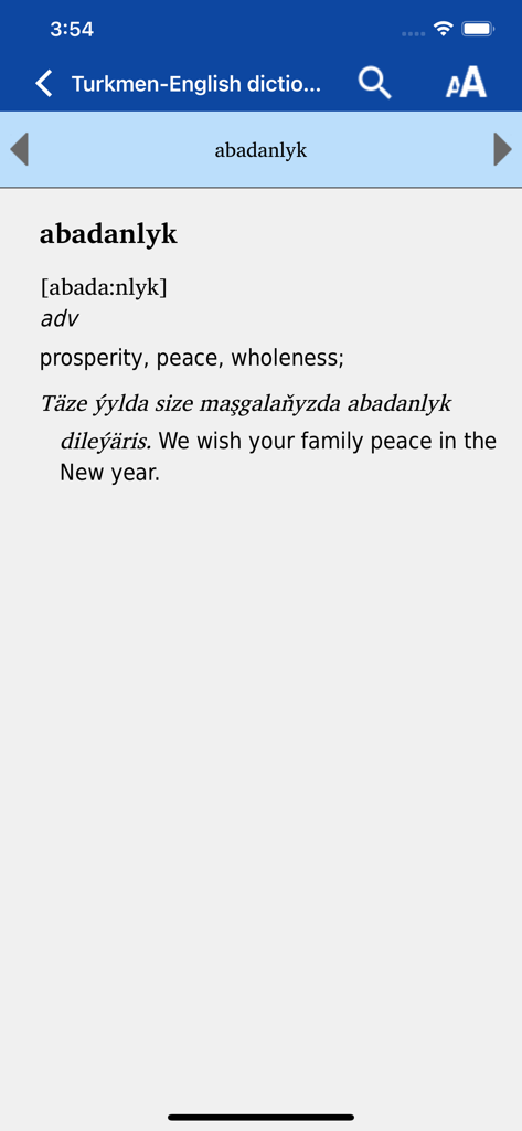 Captura de tela do aplicativo móvel mostrando a definição da palavra turcomena abadanlyk, incluindo pronúncia e frase de exemplo