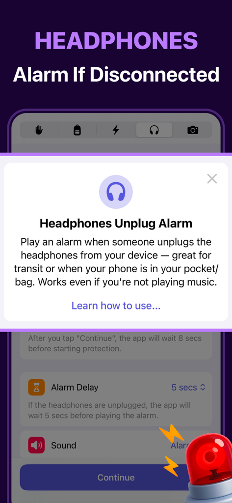Crook Catcher Anti Theft Alarm - Feature overview of the headphones unplug alarm in the Crook Catcher app