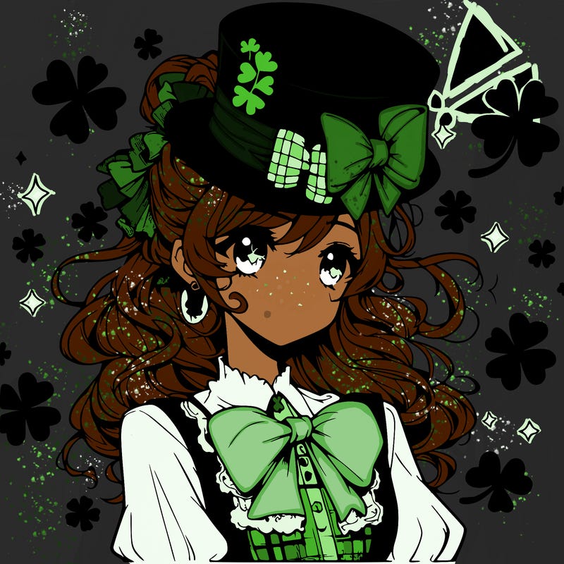a manga-style girl with clovers around her, a little hat in her hair, like it's saint patrick's day