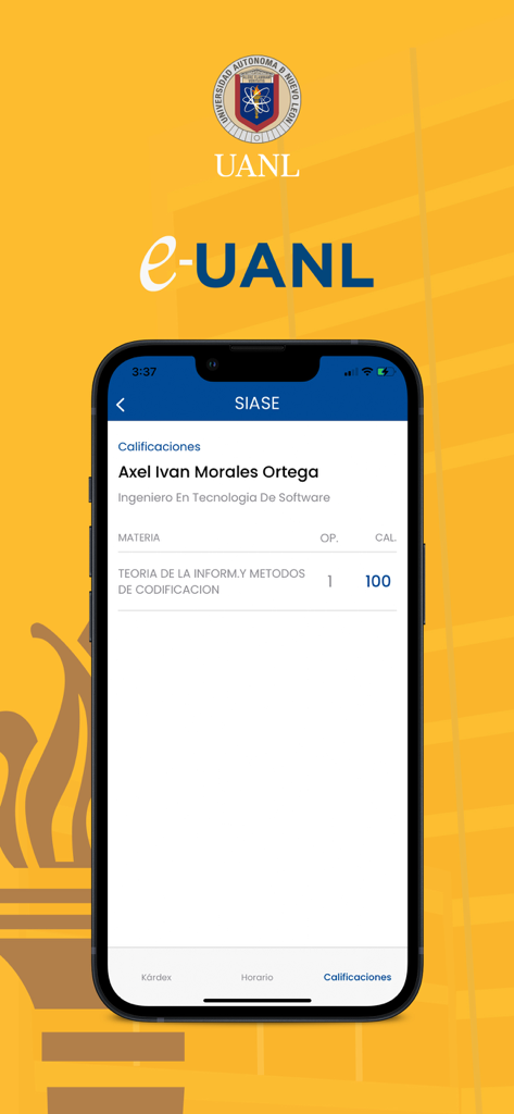 Interfaz de la aplicación móvil que muestra un informe de calificaciones de estudiantes para cursos de ingeniería de software en la plataforma e-UANL.