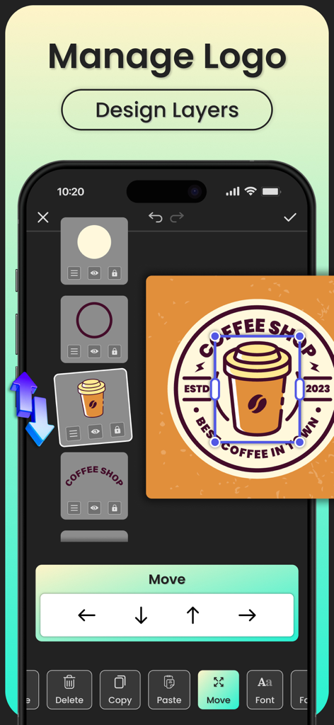 Logo Maker：Logo Design - Uma interface móvel para gerenciar camadas de design ao criar um logo para uma cafeteria.