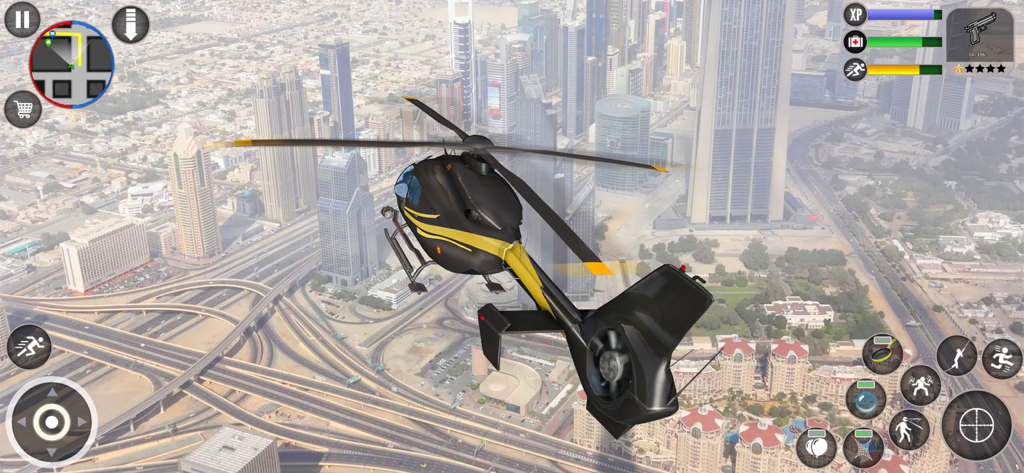 Gangster City Vegas Crime Game - Un elicottero nero e giallo vola sopra una grande città in Gangster City Vegas Crime Game.