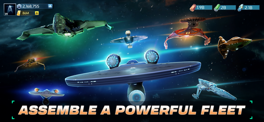 Mehrere Star Trek Sternenschiffe fliegen im Weltraum mit dem Text Stelle eine mächtige Flotte zusammen