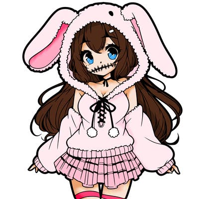 pretty anime girl wearing a fluffy hoodie with bunny ears on the hood and a skirt