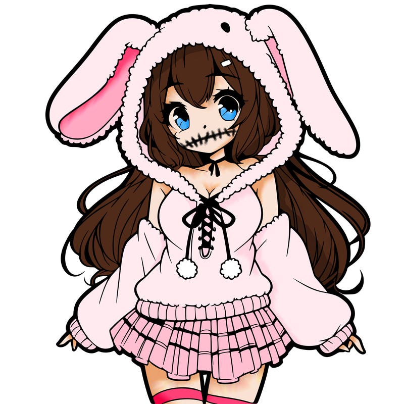 pretty anime girl wearing a fluffy hoodie with bunny ears on the hood and a skirt
