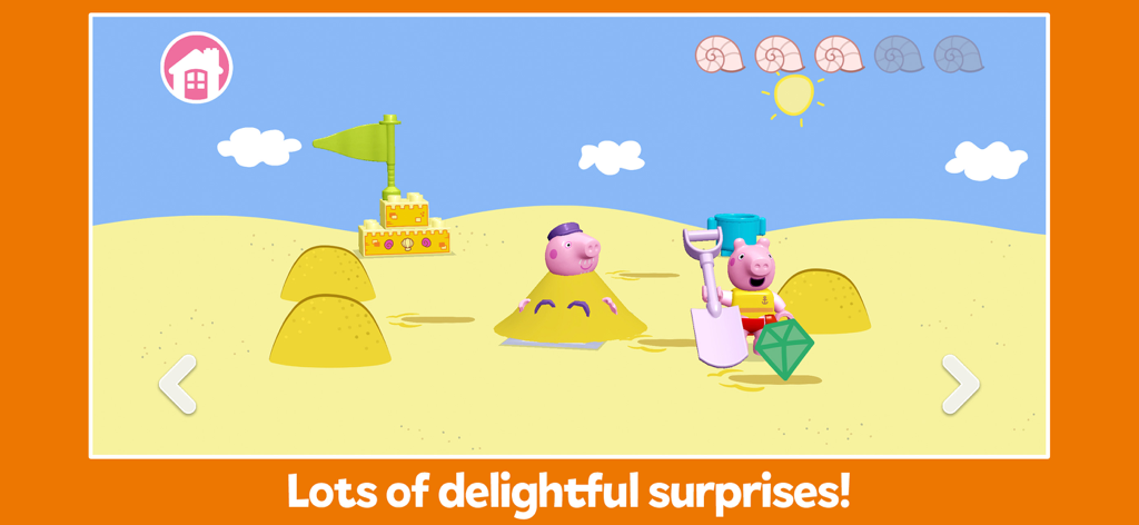 Peppa Pig jugando con una pala y Papá Pig enterrado en la arena en una playa de LEGO DUPLO