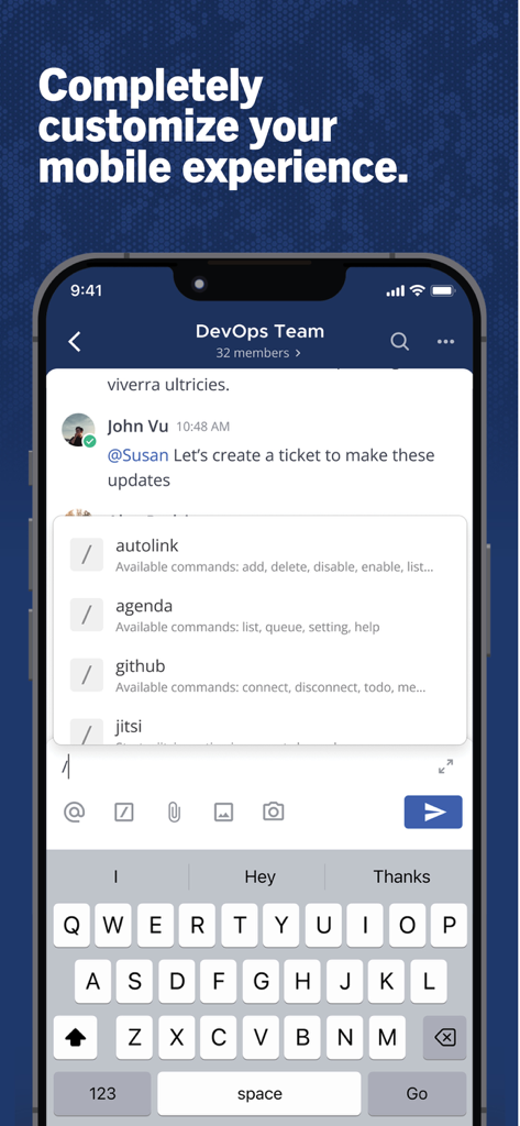 Mattermost - Interfaz de la aplicación móvil Mattermost con comandos de barra para flujos de trabajo de DevOps