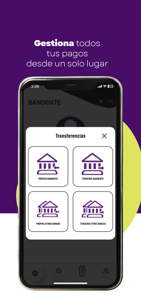 Bangente Móvil - Bangente Movil app screen displaying bank transfer options for own and third-party accounts