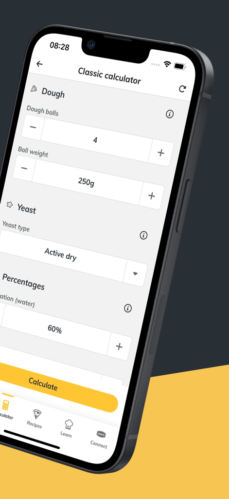 Ooni Pizza Ovens - Smartphone screen showing the Ooni app dough calculator with hydration and yeast settings