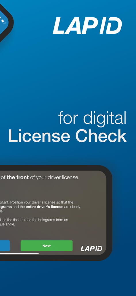 LapID Fahrer-App-Oberfläche zur digitalen Führerscheinkontrolle mit Kameraanweisungen