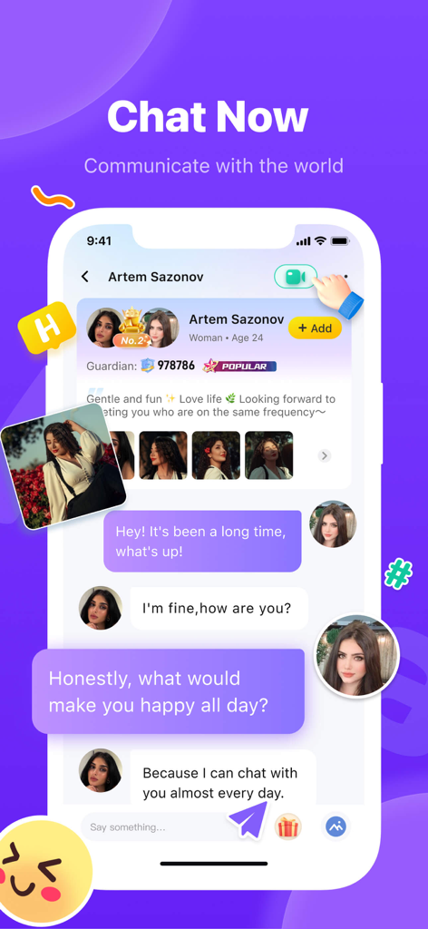 Heya mobile app interface showing a chat conversation and user profile for social discovery.