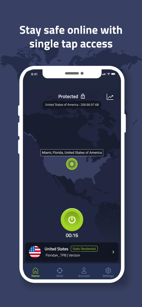 Residential VPN app interface showing a protected connection with a static residential IP on a smartphone