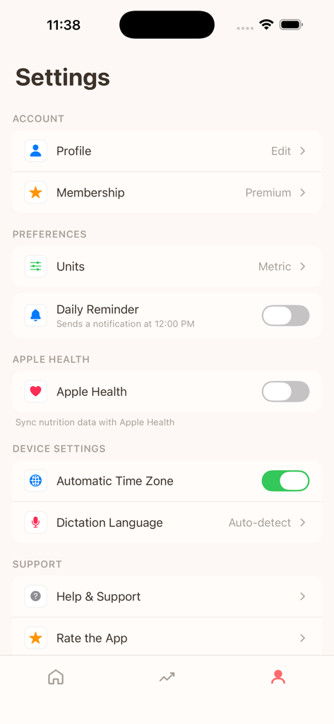 Kcalm Note - L'interfaccia delle impostazioni dell'app Kcalm Note con preferenze dell'account, promemoria giornalieri e opzioni di sincronizzazione con Apple Health.