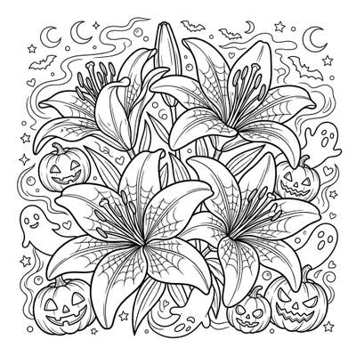 Dive into a unique Halloween experience with this enchanting coloring page, blending vibrant Asiatic lilies with playful spooky elements. Discover cobweb details, grinning jack-o'-lanterns, and friendly ghosts for a truly festive coloring adventure.