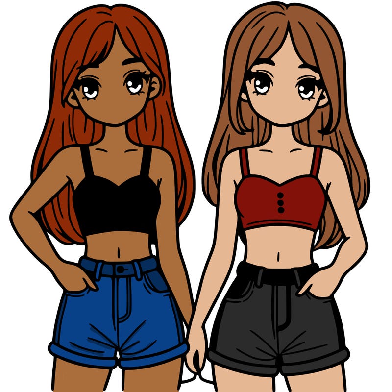 two sisters with crop tops and jean shorts and straight hair