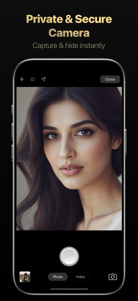 Trustful – Secret Photo Vault - Trustfulアプリ内のプライベートで安全なカメラ機能を示すiPhone画面。