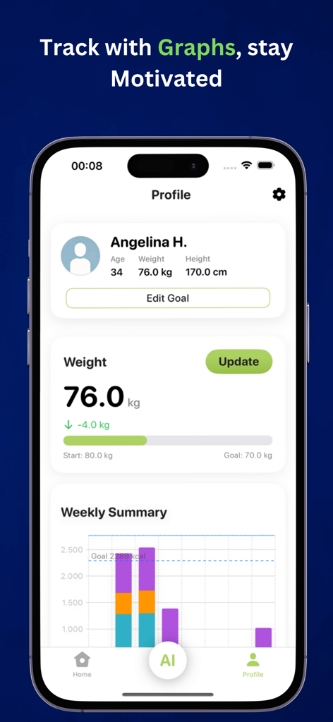 KCal - Calorie Tracker AI - Pantalla de perfil de la aplicación KCal que muestra el seguimiento del peso y gráficos de calorías de resumen semanal