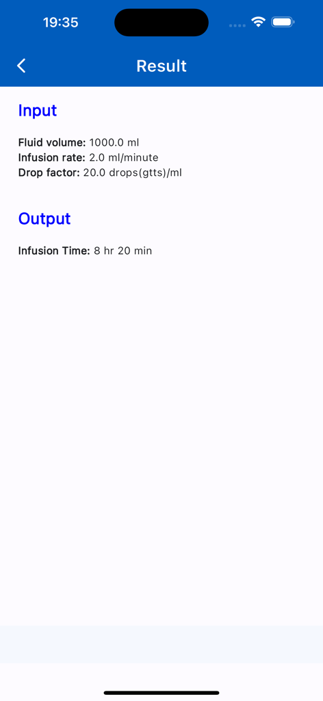 Infusion time calculation results screen showing input parameters and final duration