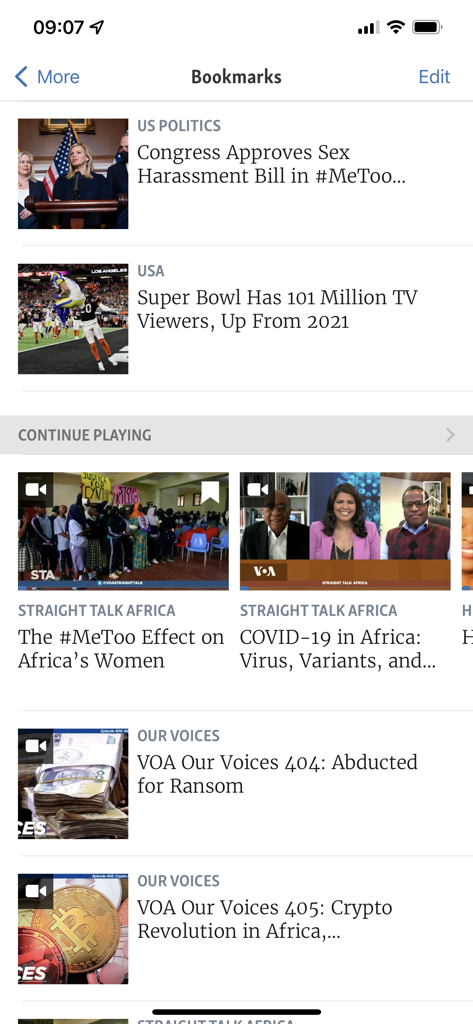 Screenshot of the Bookmarks screen in the VOA mobile app showing a list of saved news stories and video segments