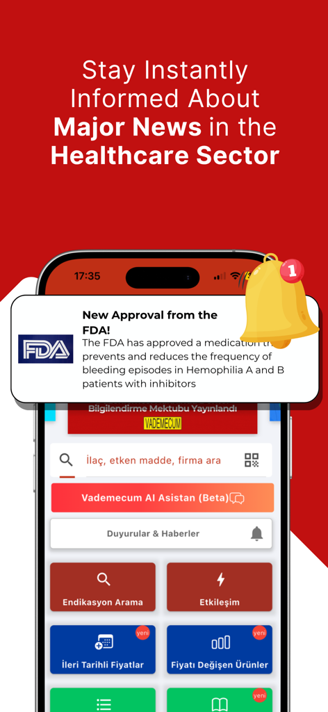 Vademecum Mobile: Guide - Smartphone displaying a new FDA approval notification in the Vademecum Mobile medical app.