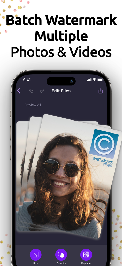 Watermark - iPhone screen showing the app interface for batch watermarking multiple photos and videos simultaneously