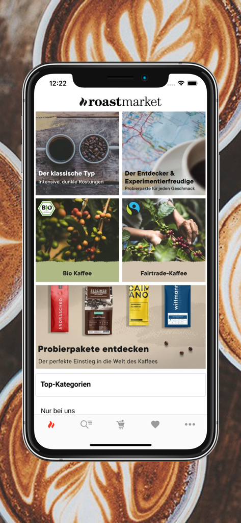 Die Benutzeroberfläche der Roastmarket-App mit Kategorien für Spezialitätenkaffee und Probier-Sets.
