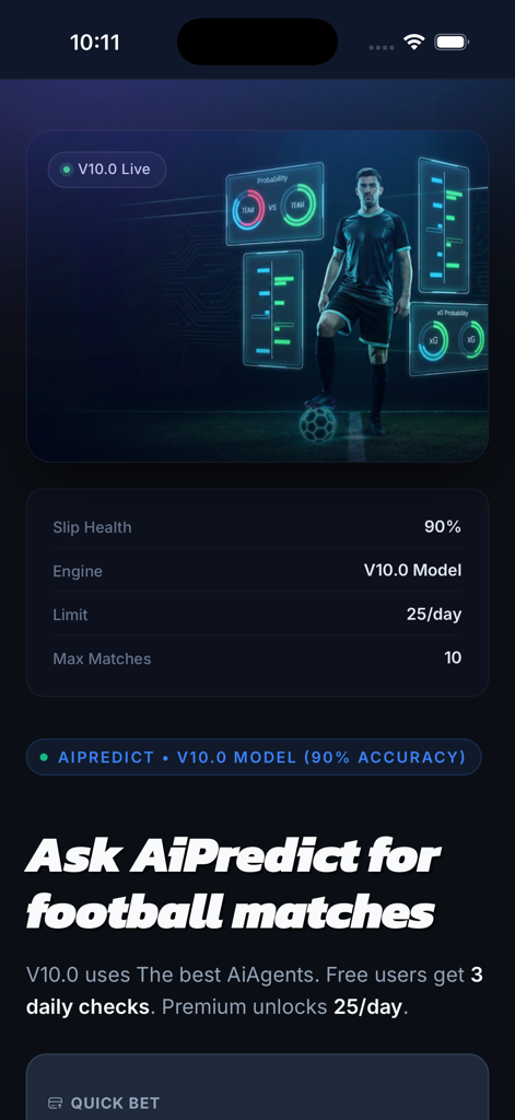 AiPredict - Football & Crypto - Pantalla de la aplicación móvil AiPredict que muestra análisis de partidos de fútbol y estadísticas de precisión del modelo de IA.