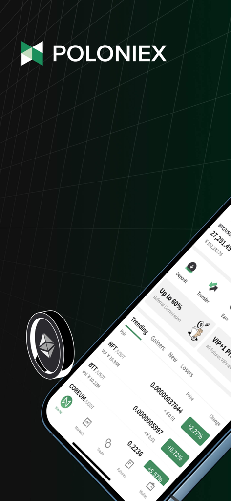 Smartphone displaying the Poloniex crypto exchange app interface with trending trading pairs and market data