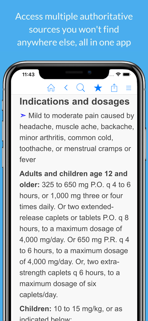 Medicine Dictionary - Screenshot of the Medicine Dictionary app showing detailed indications and dosages for medication