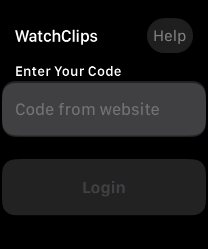 WatchClips - ウェブサイトから同期コードを入力するためのログイン画面を表示する WatchClips アプリの Apple Watch インターフェース。