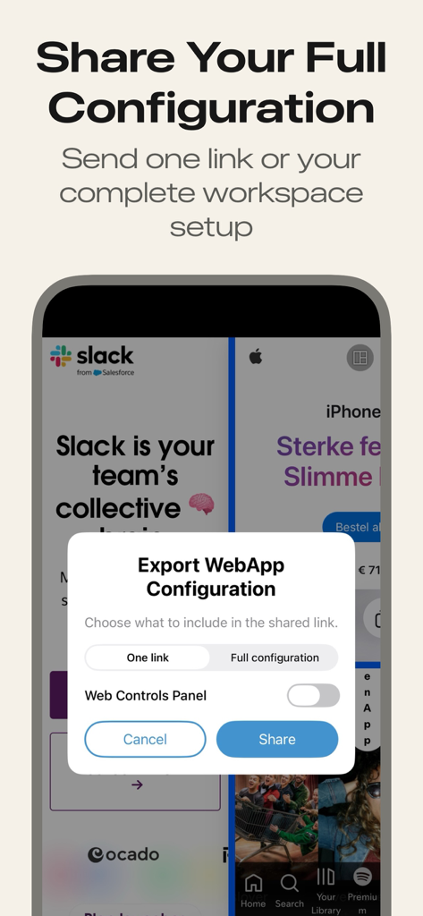 WebApp - Captura de pantalla de la interfaz de WebApp que muestra la ventana emergente de configuración de exportación para compartir una configuración completa del espacio de trabajo multipanel.