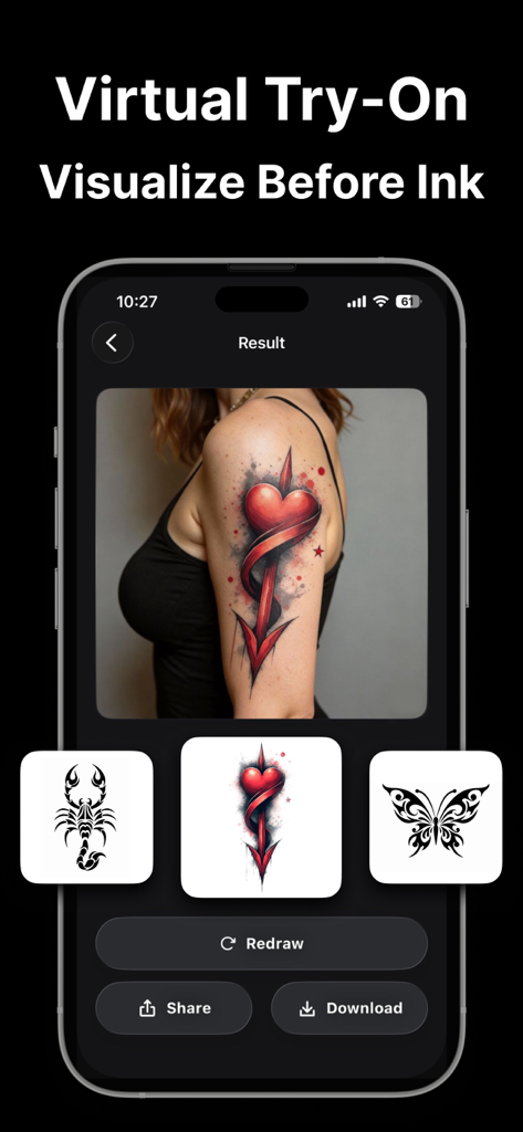 AI Tattoo-Ink Design Generator - Una interfaz de aplicación móvil que muestra una función de prueba virtual de tatuajes con una vista previa de diseño de corazón en el hombro de una mujer