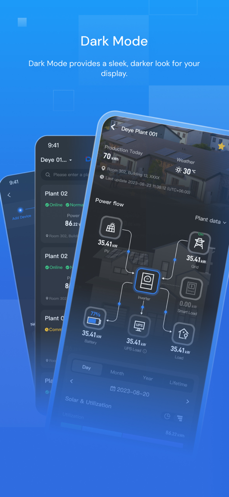 Deye Cloud app interface in dark mode showing a solar energy flow map between photovoltaic panels, battery, grid, and home load