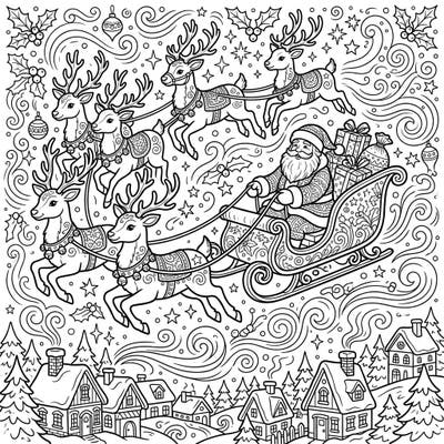 Experience the wonder of Christmas Eve with this charming coloring page featuring Santa Claus and his team of flying reindeer. Delicately illustrated, this scene captures the festive spirit as they deliver gifts over a cozy, snow-covered village.