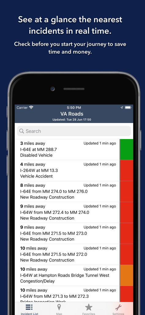 Real-time list of traffic incidents and delays in Virginia with distance and severity indicators