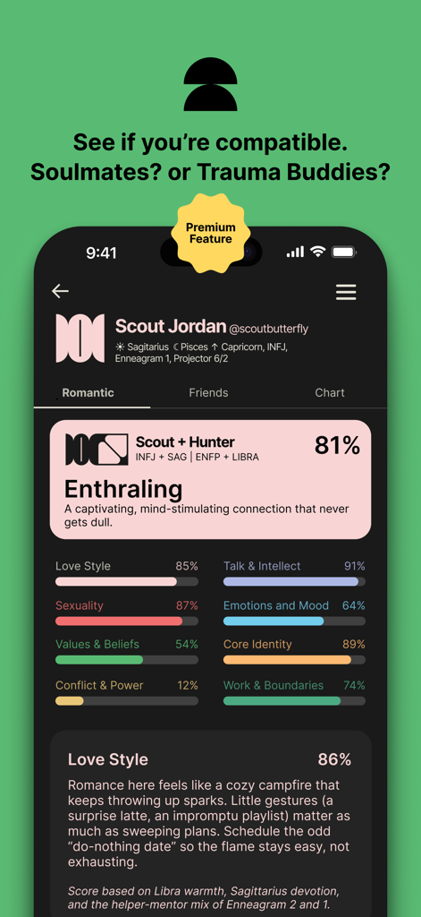 Mirror Personality + Astrology - Captura de pantalla de la aplicación Mirror que muestra un informe detallado de compatibilidad entre dos personas con una puntuación del 81 por ciento y desgloses de categorías como estilo de amor y valores.